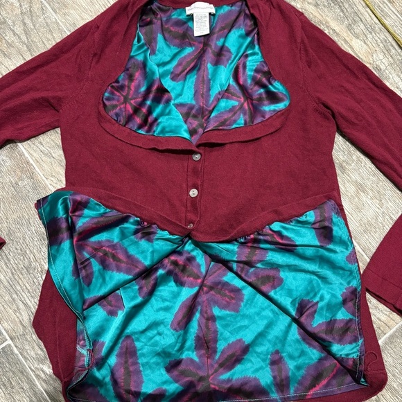 SOFT SURROUNDINGS Satin Lined Cardigan Sz XS Collared Floral Cotton Blend Red - Picture 4 of 11